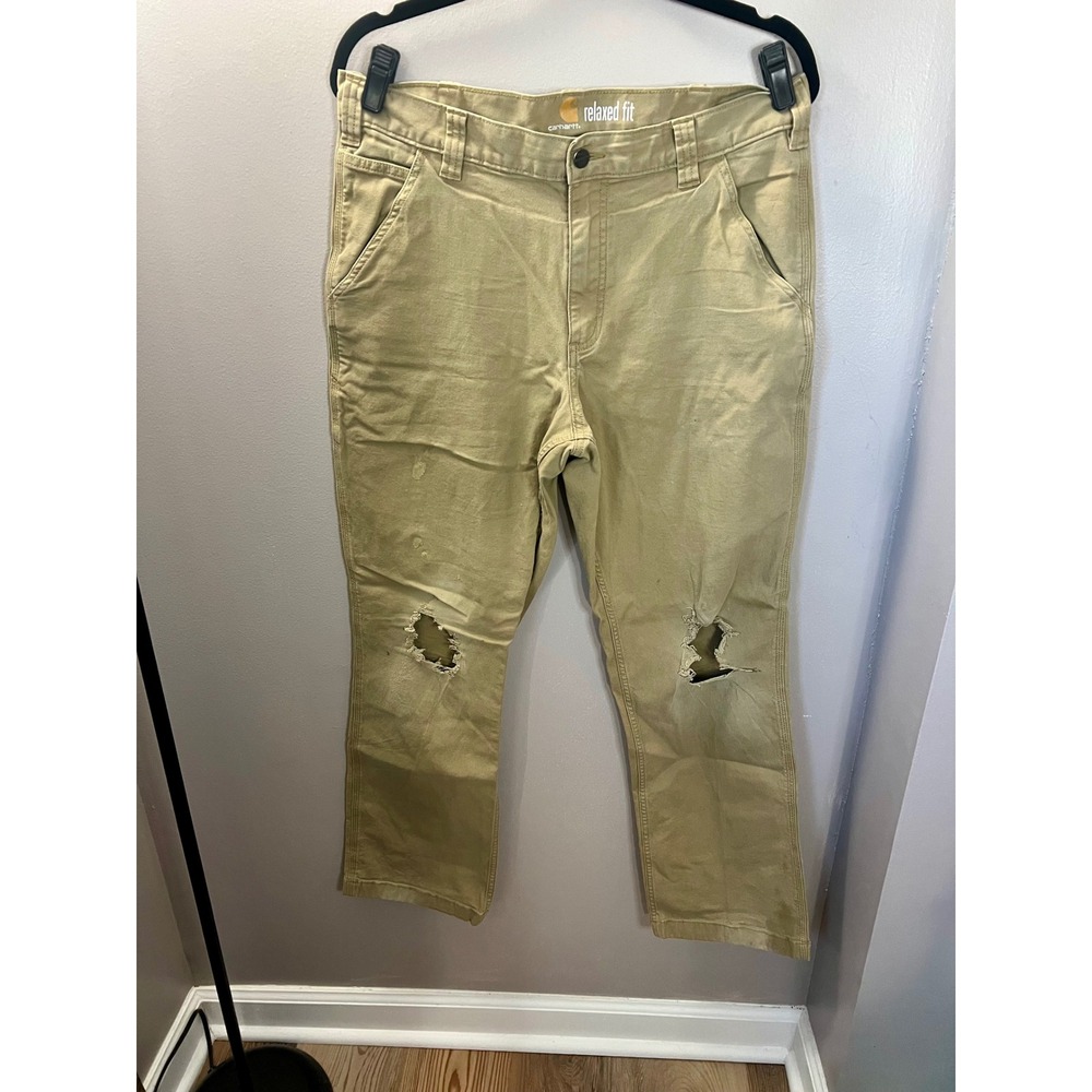 Carhartt Relaxed Fit Canvas Work Pants Tan Khaki Distressed Thrashed 34x32 Mens